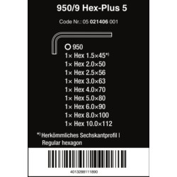 Kpl.kluczy trzpieniowych krótkich HEX-PLUS 950/9