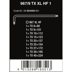 Kpl.kluczy trzpieniowych TORX 967 TX XL HF